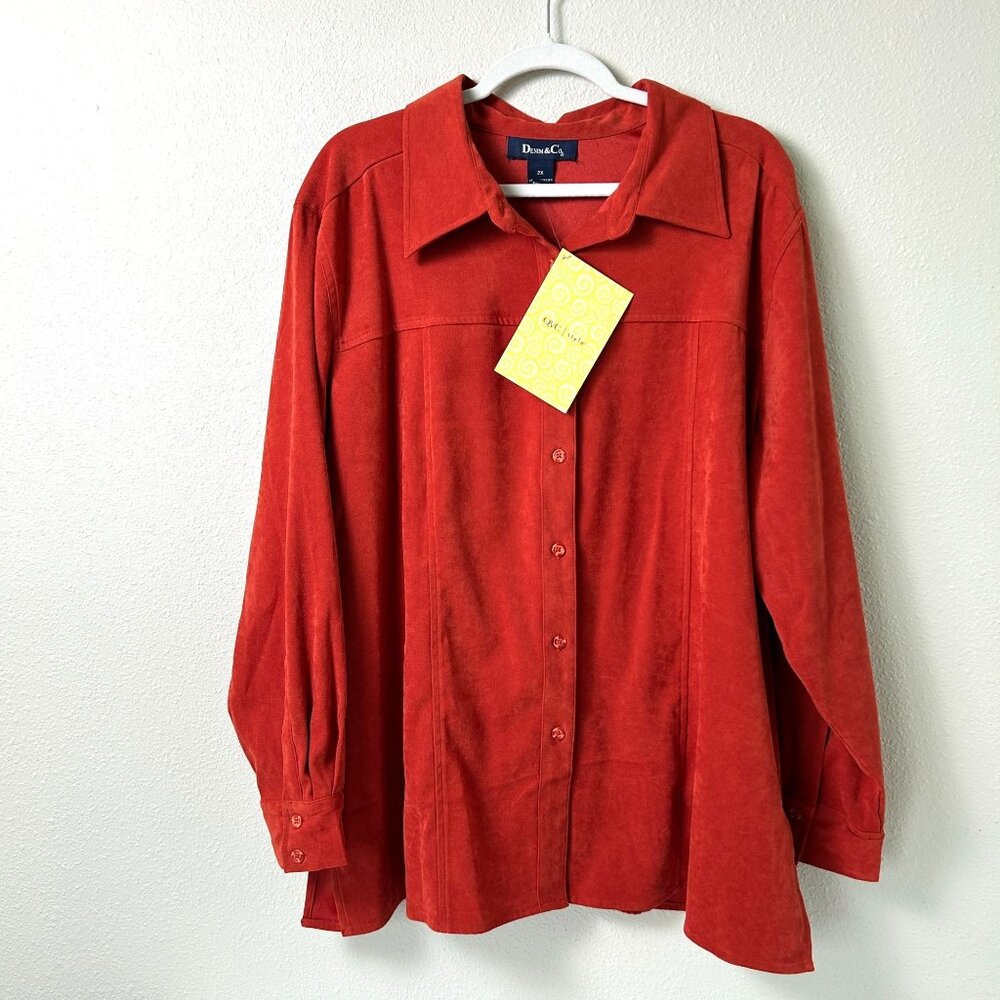 Denim & Co Moleskin Button Up Shirt Size 2X Rust Orange Stretch A54960 NWT